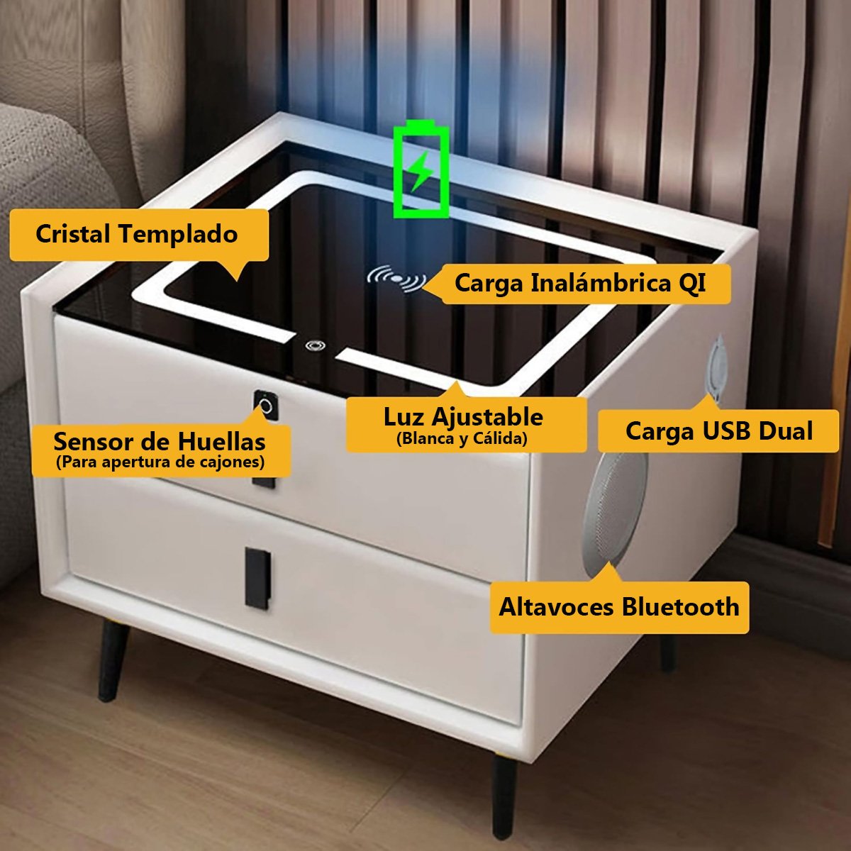 Mesilla de noche inteligente Almalux con luces LED, estación de carga inalámbrica, Sensor de Huella, 2 cajones, puertos USB y altavoces Bluetooth en Blanco Pálido