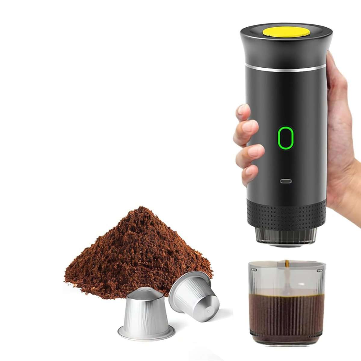 Mini Cafetera Portátil Almalux® 3 en 1 – 15 Bares, Recargable USB-C, Compatible con Cápsulas y Café Molido, Ideal para Viajes, Oficina y Camping
