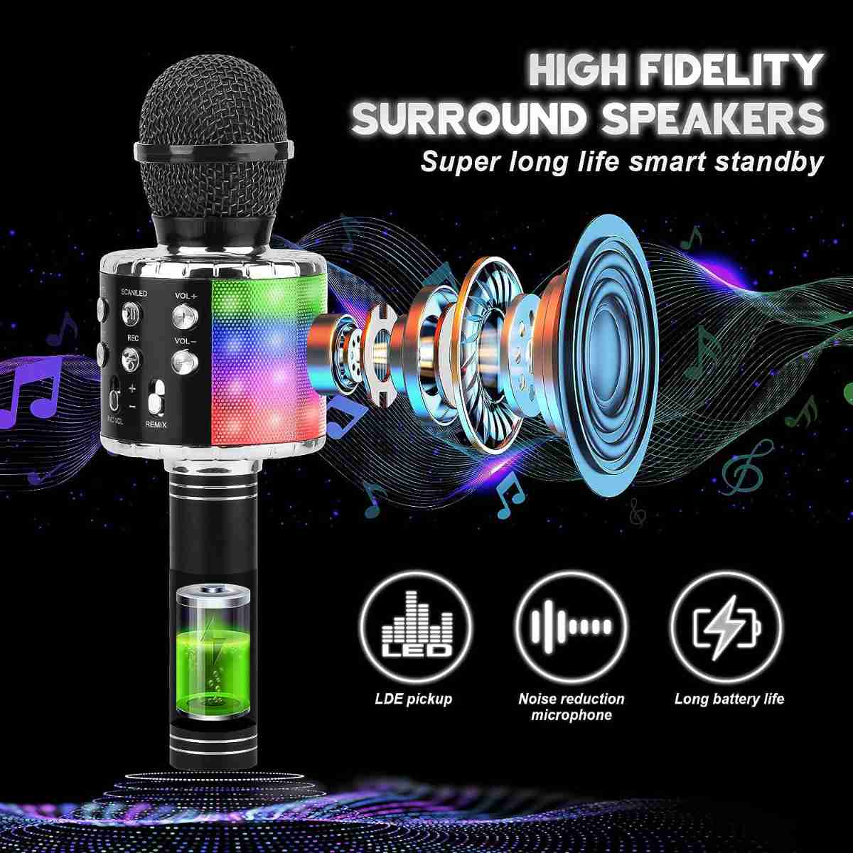Micrófono Karaoke Bluetooth Almalux®  -  4 en 1 Microfono Inalámbrico Portátil para Niños -  Musica -  Función de Eco -  Compatible con Android -  PC