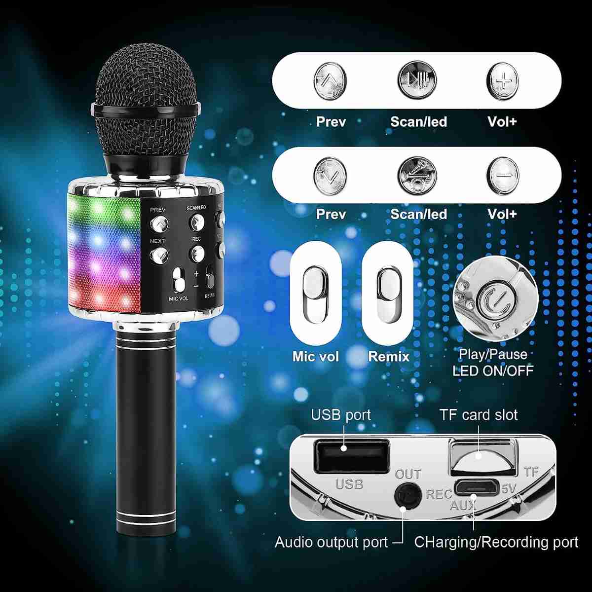 Micrófono Karaoke Bluetooth Almalux®  -  4 en 1 Microfono Inalámbrico Portátil para Niños -  Musica -  Función de Eco -  Compatible con Android -  PC