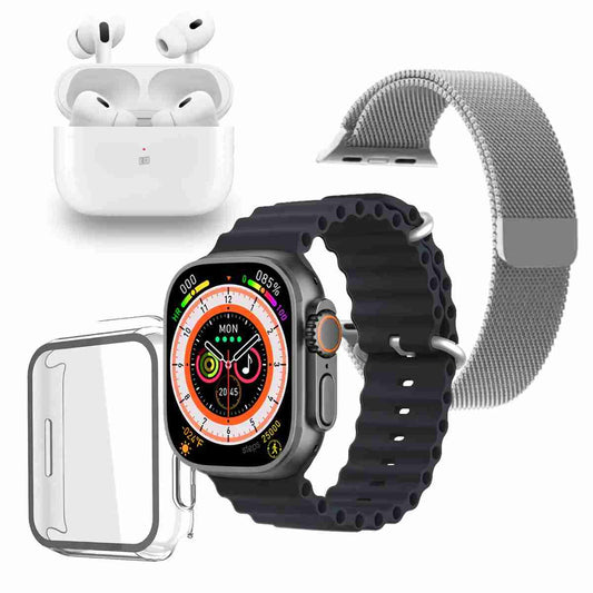 Pack Smartwatch Almalux® Ultra 9.0 con Auriculares PRO -  Correa metálica extra y carcasa protectora