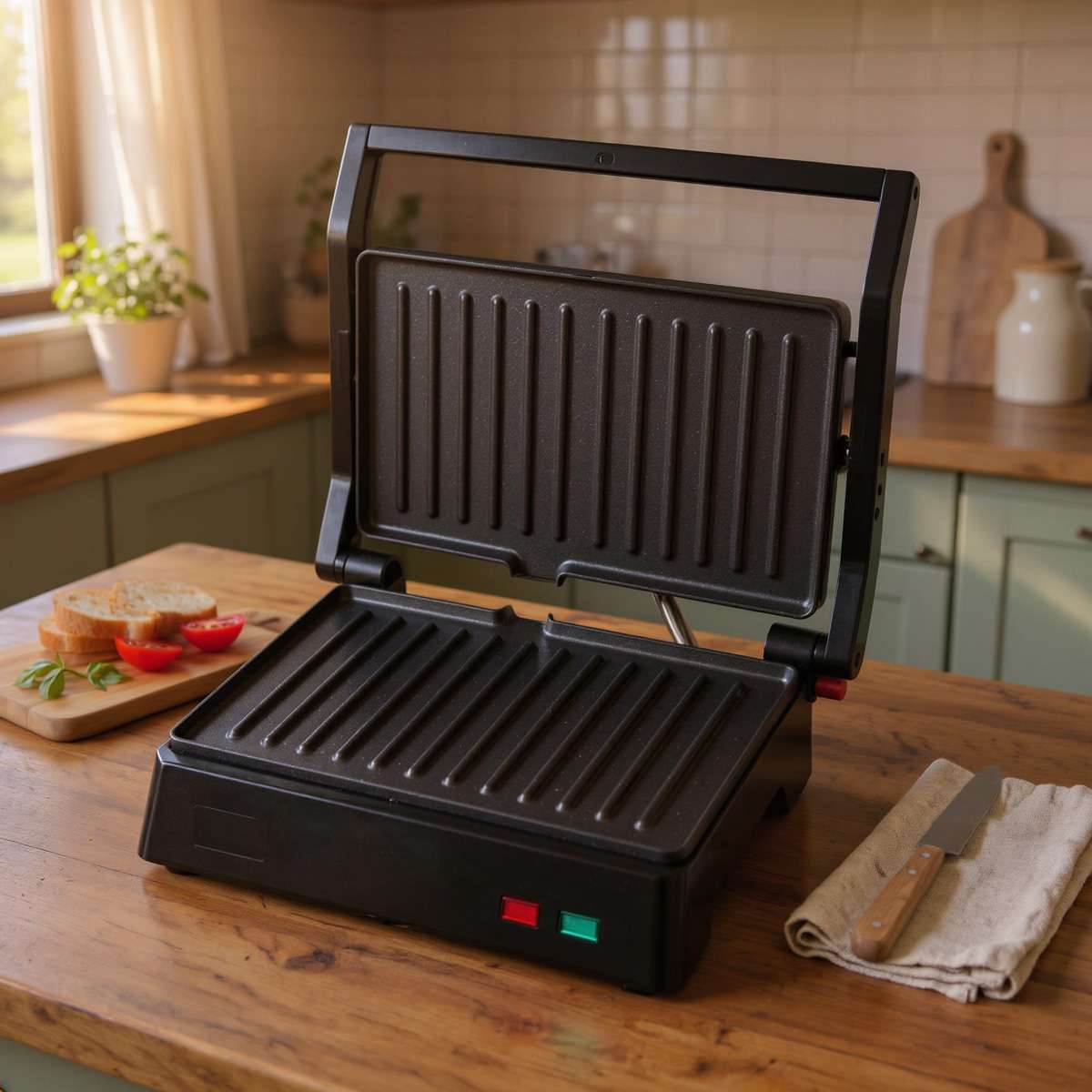Parrilla Eléctrica Grill Almalux® 1000W con Apertura 180°, Placas Antiadherentes, Base Antideslizante y Luz Indicadora de Temperatura