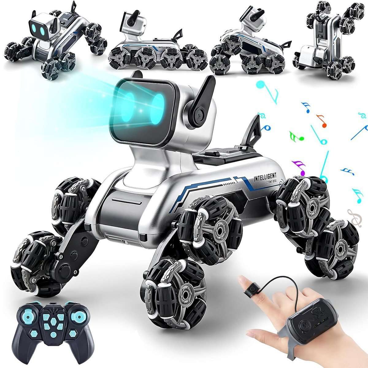 Robot de Juguete Almalux® con Forma de Perro – Coche RC 8WD con Control Remoto y Sensor de Mano | Luces y Sonido | Recargable | Para Niños de 6 a 13 años