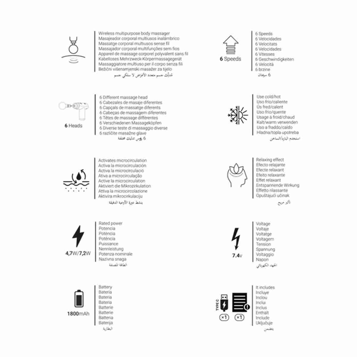 Pistola de masaje Almalux® con tecnología de compresión de calor ó frio -  Vibración de alta frecuencia -  6 cabezales