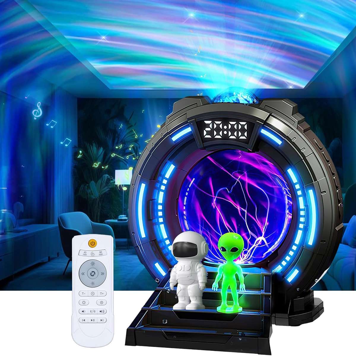 Proyector de Galaxia Almalux® Portal Interestelar con Bola de Plasma, Aurora Boreal, Ruido Blanco, Altavoz, Despertador y Mando