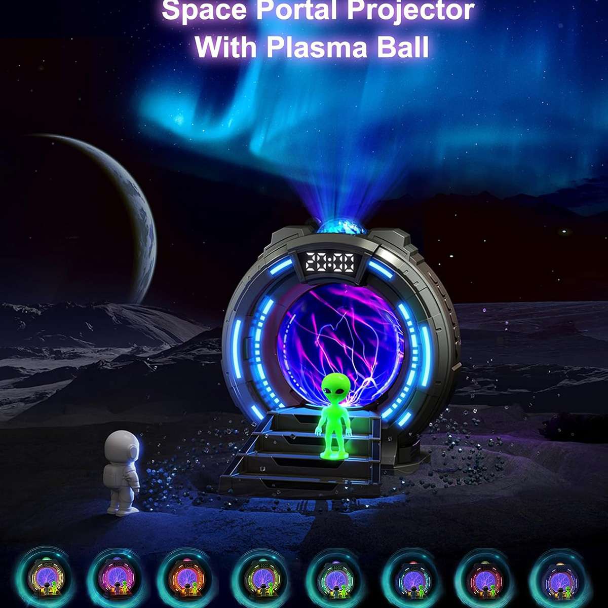 Proyector de Galaxia Almalux® Portal Interestelar con Bola de Plasma, Aurora Boreal, Ruido Blanco, Altavoz, Despertador y Mando