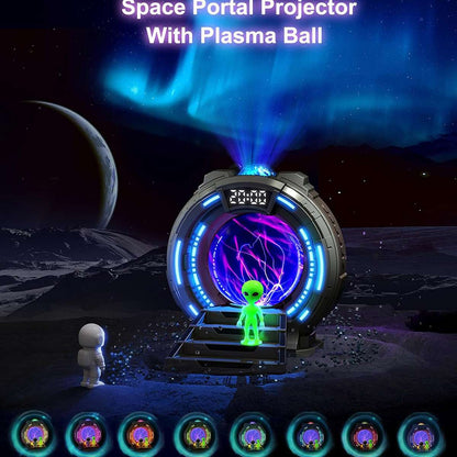 Proyector de Galaxia Almalux® Portal Interestelar con Bola de Plasma, Aurora Boreal, Ruido Blanco, Altavoz, Despertador y Mando