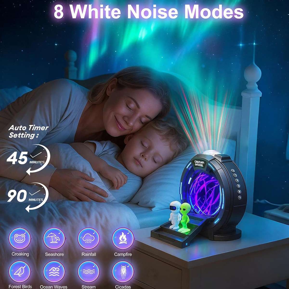 Proyector de Galaxia Almalux® Portal Interestelar con Bola de Plasma, Aurora Boreal, Ruido Blanco, Altavoz, Despertador y Mando