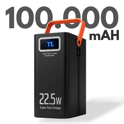 PowerBank 100.000 mAh Almalux® – Carga Rápida 22.5W, 4 USB-A, 2 Cables Integrados (USB-C y Lightning), 3 Puertos Adicionales, Pantalla LED y Linterna