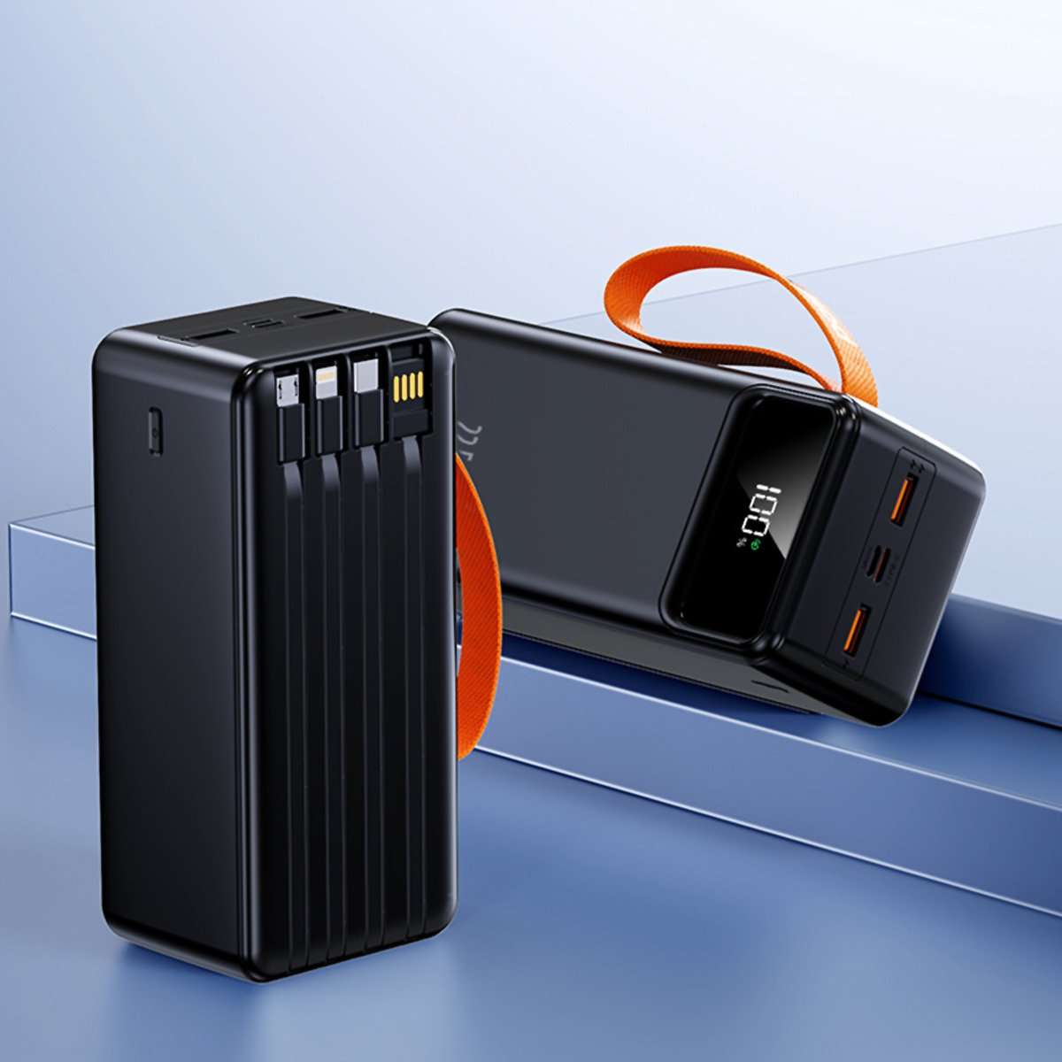 PowerBank 60.000 mAh, Batería externa Almalux® 22.5W, 2 USB-A, 4 Cables integrados (USB-C, LIGHTING, MICROUSB, USB-A) + 2 adicionales Tipo-C y Micro USB, Pantalla LED