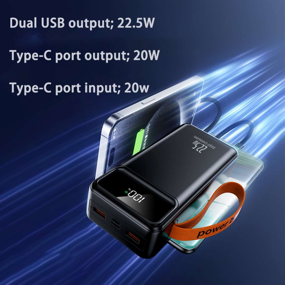 PowerBank 60.000 mAh, Batería externa Almalux® 22.5W, 2 USB-A, 4 Cables integrados (USB-C, LIGHTING, MICROUSB, USB-A) + 2 adicionales Tipo-C y Micro USB, Pantalla LED