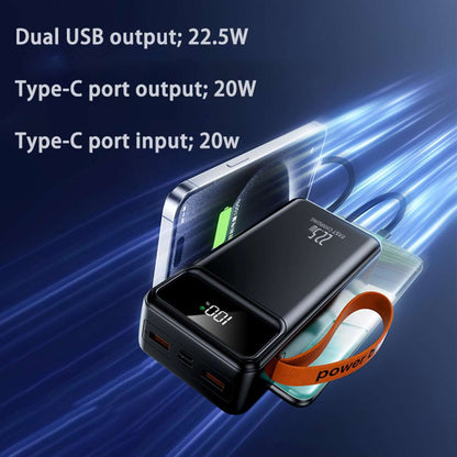 PowerBank 60.000 mAh, Batería externa Almalux® 22.5W, 2 USB-A, 4 Cables integrados (USB-C, LIGHTING, MICROUSB, USB-A) + 2 adicionales Tipo-C y Micro USB, Pantalla LED