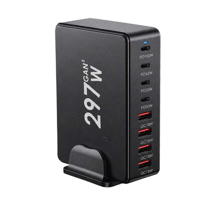 Estación de Carga Rápida Almalux® GaN 297W 8 en 1 con 4 USB-C y 4 USB-A | PD 100W, 65W, 30W y QC 18W | Cargador de Sobremesa Multipuerto