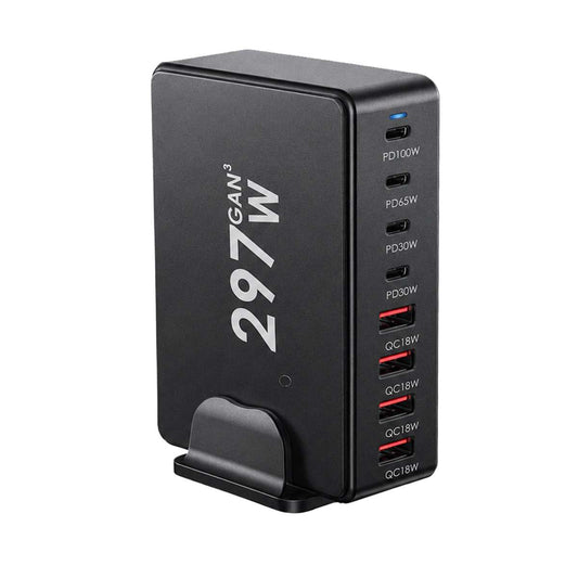 Estación de Carga Rápida Almalux® GaN 297W 8 en 1 con 4 USB-C y 4 USB-A | PD 100W, 65W, 30W y QC 18W | Cargador de Sobremesa Multipuerto