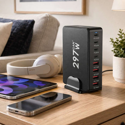 Estación de Carga Rápida Almalux® GaN 297W 8 en 1 con 4 USB-C y 4 USB-A | PD 100W, 65W, 30W y QC 18W | Cargador de Sobremesa Multipuerto