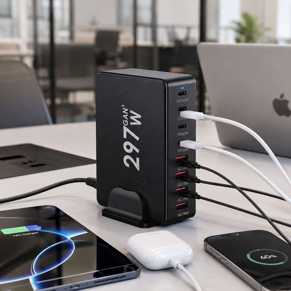 Estación de Carga Rápida Almalux® GaN 297W 8 en 1 con 4 USB-C y 4 USB-A | PD 100W, 65W, 30W y QC 18W | Cargador de Sobremesa Multipuerto