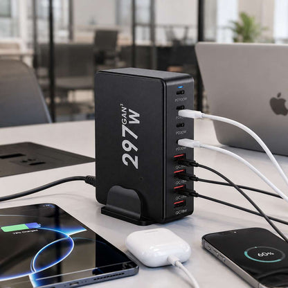 Estación de Carga Rápida Almalux® GaN 297W 8 en 1 con 4 USB-C y 4 USB-A | PD 100W, 65W, 30W y QC 18W | Cargador de Sobremesa Multipuerto
