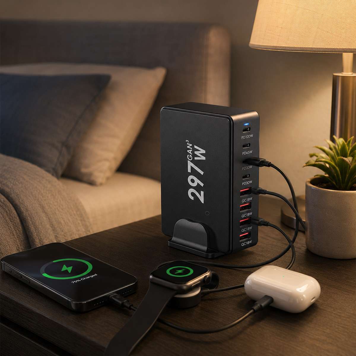 Estación de Carga Rápida Almalux® GaN 297W 8 en 1 con 4 USB-C y 4 USB-A | PD 100W, 65W, 30W y QC 18W | Cargador de Sobremesa Multipuerto