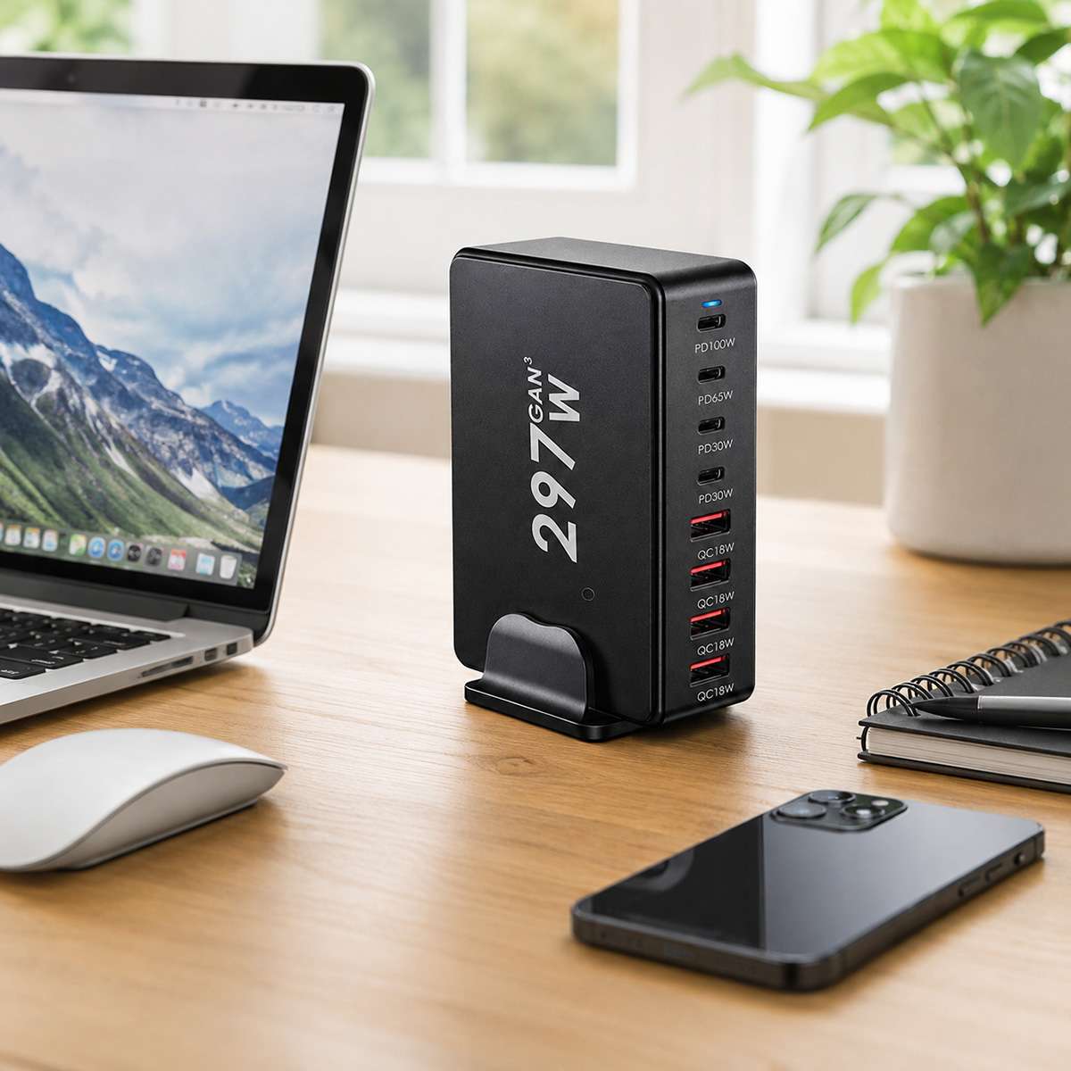 Estación de Carga Rápida Almalux® GaN 297W 8 en 1 con 4 USB-C y 4 USB-A | PD 100W, 65W, 30W y QC 18W | Cargador de Sobremesa Multipuerto