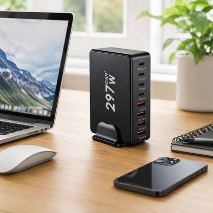 Estación de Carga Rápida Almalux® GaN 297W 8 en 1 con 4 USB-C y 4 USB-A | PD 100W, 65W, 30W y QC 18W | Cargador de Sobremesa Multipuerto