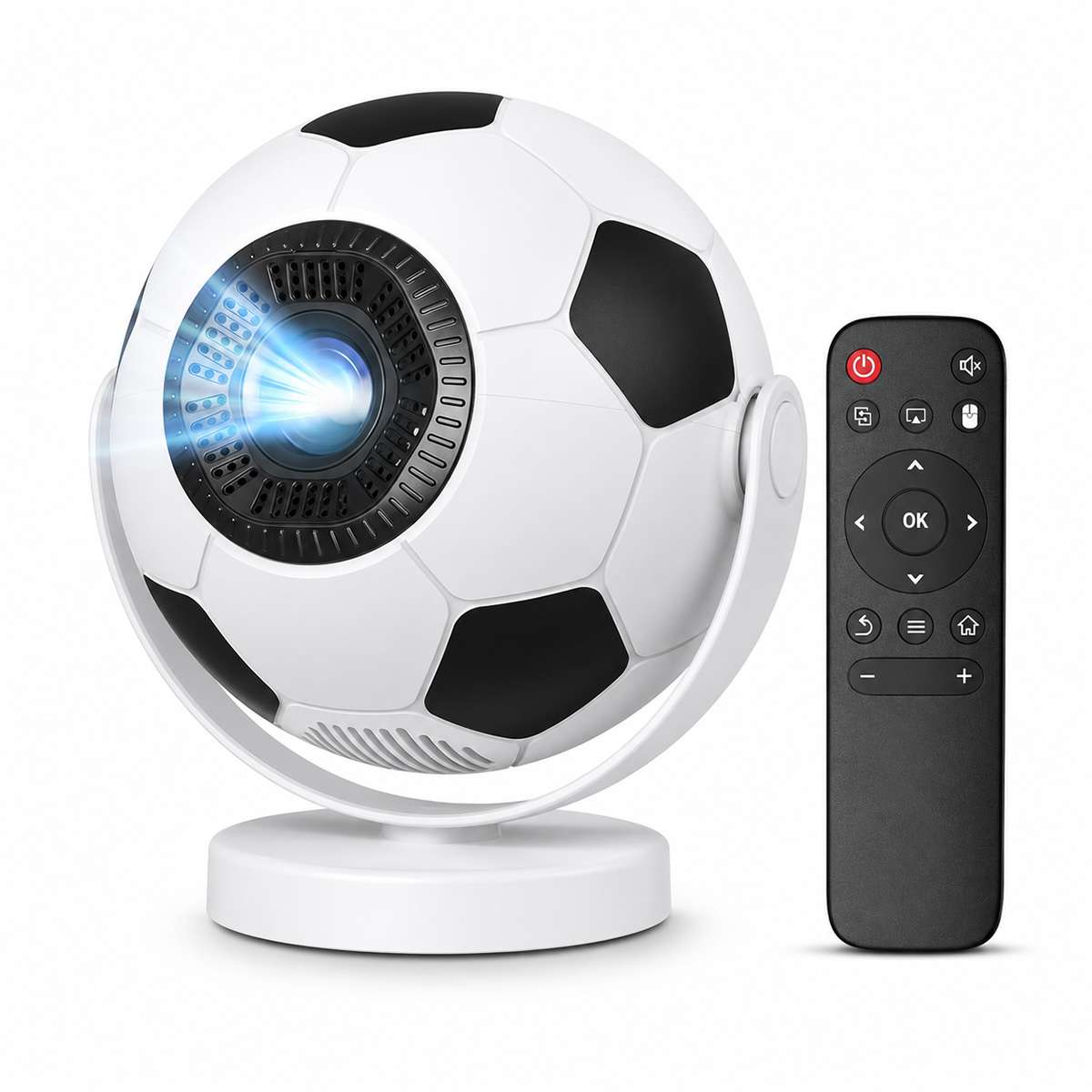 Mini Proyector Portátil Almalux® Balón de Fútbol, Android 14, WiFi 6, Bluetooth 5.4, Compatible 4K, Auto Keystone, Giro 180°, 170 ANSI, HDMI USB