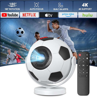 Mini Proyector Portátil Almalux® Balón de Fútbol, Android 14, WiFi 6, Bluetooth 5.4, Compatible 4K, Auto Keystone, Giro 180°, 170 ANSI, HDMI USB