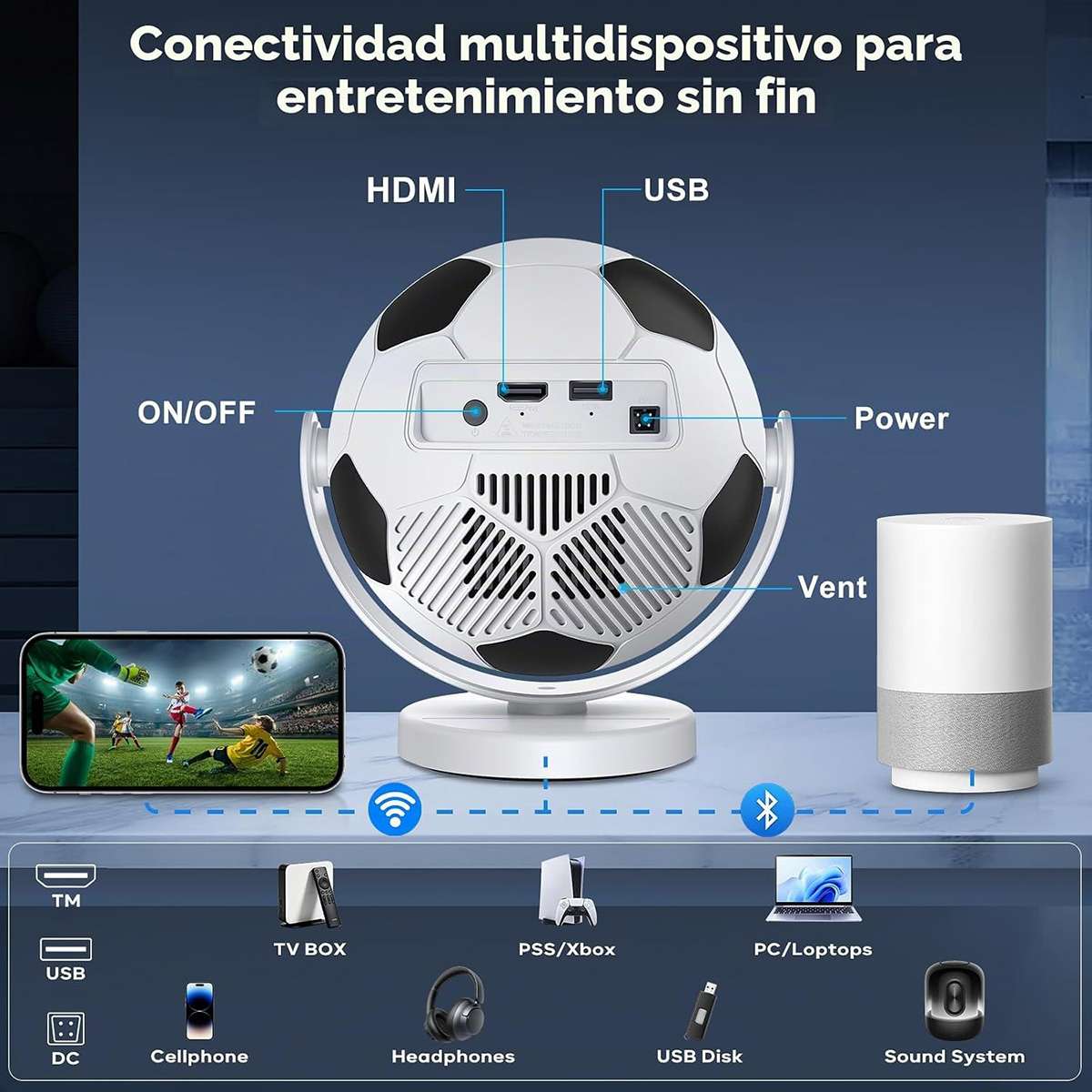 Mini Proyector Portátil Almalux® Balón de Fútbol, Android 14, WiFi 6, Bluetooth 5.4, Compatible 4K, Auto Keystone, Giro 180°, 170 ANSI, HDMI USB