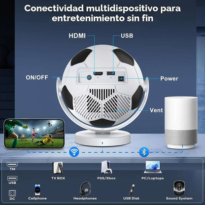 Mini Proyector Portátil Almalux® Balón de Fútbol, Android 14, WiFi 6, Bluetooth 5.4, Compatible 4K, Auto Keystone, Giro 180°, 170 ANSI, HDMI USB