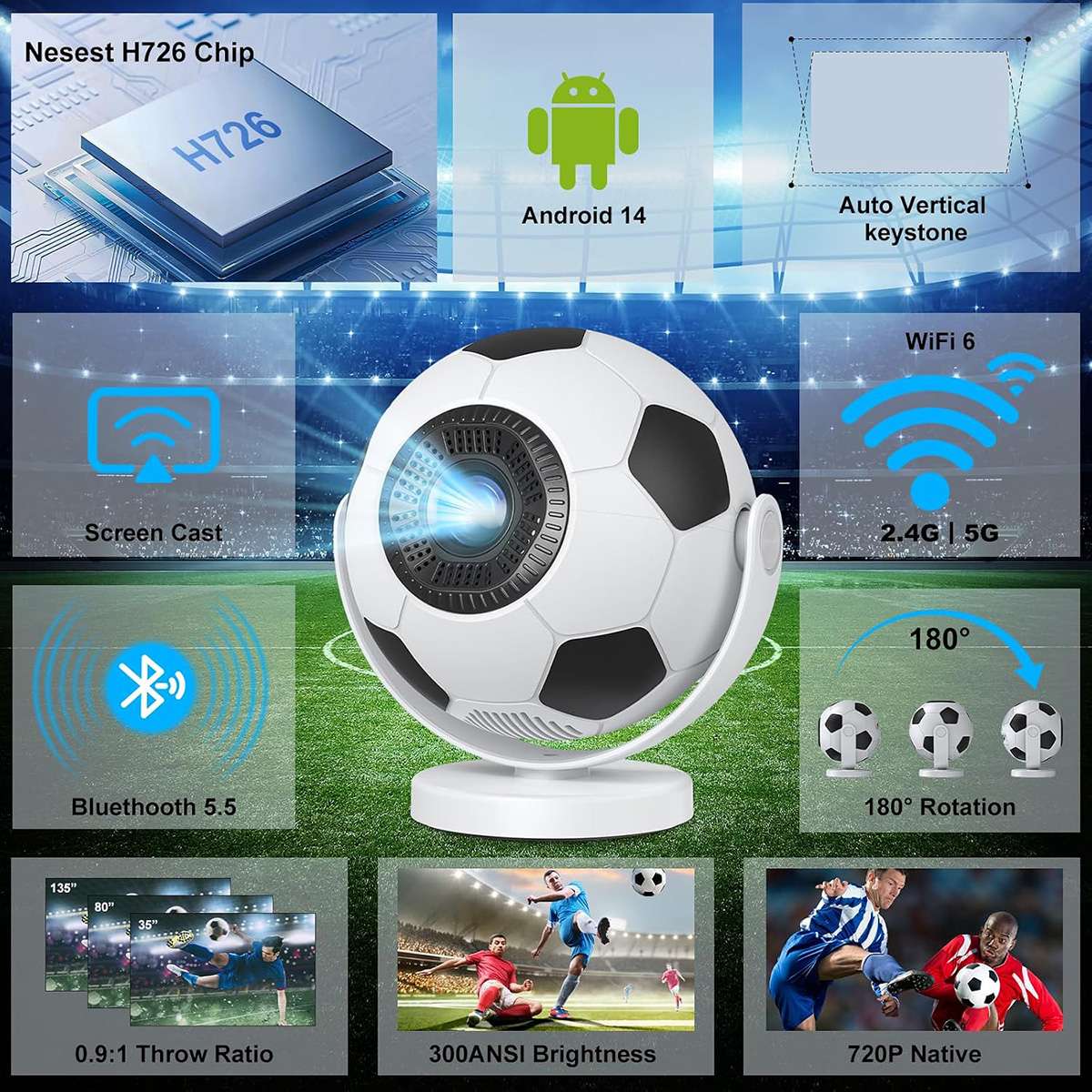 Mini Proyector Portátil Almalux® Balón de Fútbol, Android 14, WiFi 6, Bluetooth 5.4, Compatible 4K, Auto Keystone, Giro 180°, 170 ANSI, HDMI USB