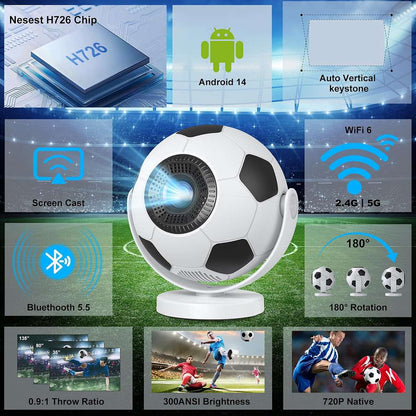 Mini Proyector Portátil Almalux® Balón de Fútbol, Android 14, WiFi 6, Bluetooth 5.4, Compatible 4K, Auto Keystone, Giro 180°, 170 ANSI, HDMI USB