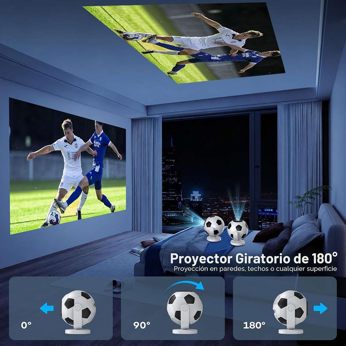 Mini Proyector Portátil Almalux® Balón de Fútbol, Android 14, WiFi 6, Bluetooth 5.4, Compatible 4K, Auto Keystone, Giro 180°, 170 ANSI, HDMI USB