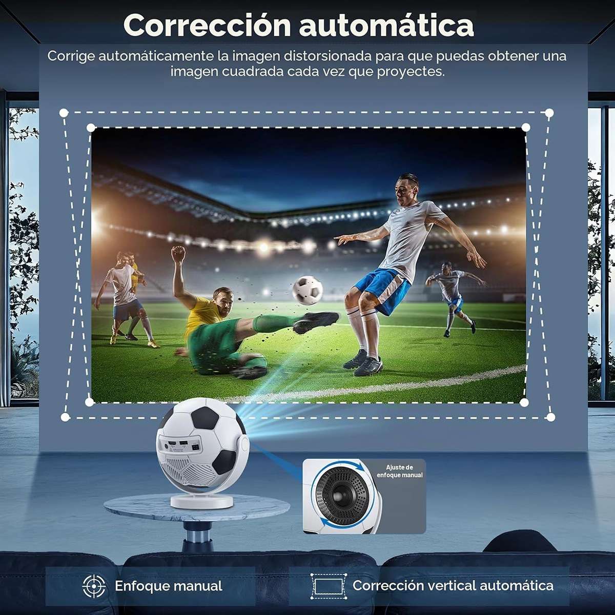 Mini Proyector Portátil Almalux® Balón de Fútbol, Android 14, WiFi 6, Bluetooth 5.4, Compatible 4K, Auto Keystone, Giro 180°, 170 ANSI, HDMI USB