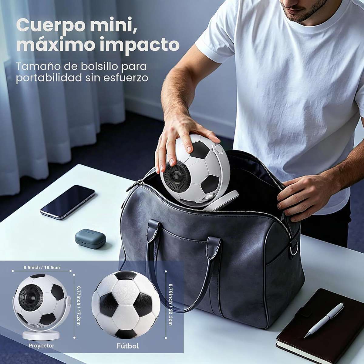 Mini Proyector Portátil Almalux® Balón de Fútbol, Android 14, WiFi 6, Bluetooth 5.4, Compatible 4K, Auto Keystone, Giro 180°, 170 ANSI, HDMI USB