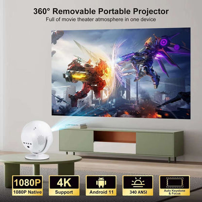 Proyector Portátil Almalux® 1080P – Soporte 4K, Android 11, WiFi 6, Bluetooth 5.2, Giro 360° y Autoajuste de Imagen