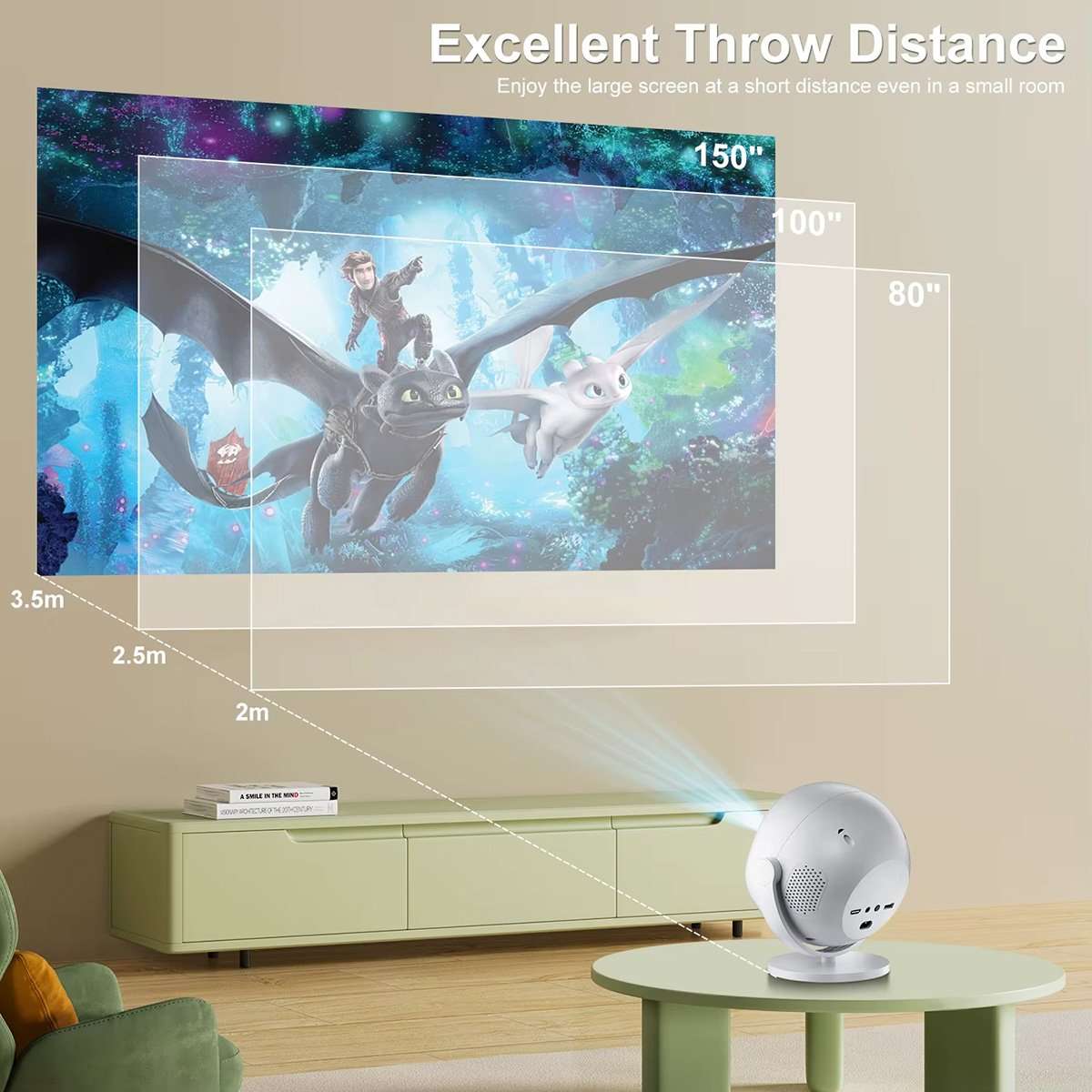 Proyector Portátil Almalux® 1080P – Soporte 4K, Android 11, WiFi 6, Bluetooth 5.2, Giro 360° y Autoajuste de Imagen