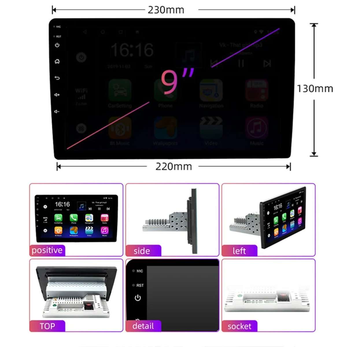 Reproductor Multimedia Almalux® Android 1 DIN Universal – Pantalla 9" QLED, GPS, CarPlay & Android Auto | 6GB DDR RAM + 64GB ROM