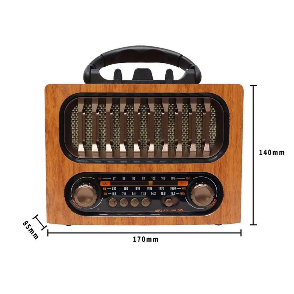 Radio Retro Almalux® Portátil – Efecto Madera, FM/AM, Altavoz Bluetooth, USB y MicroSD | Funciona con Pilas o Batería