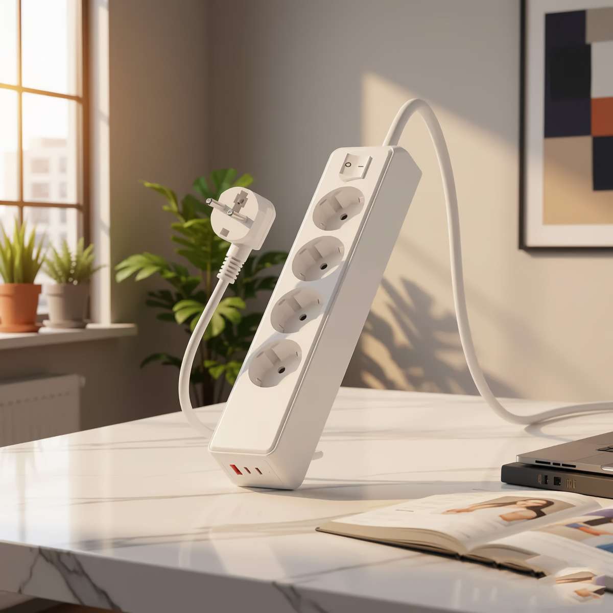 Regleta Almalux® 4 Enchufes Schuko con 3 USB (1 USB-A + 2 USB-C), Cable 1,5m, 3680W 16A, Protección 1050J, Salida 5V 2.4A PC VDE