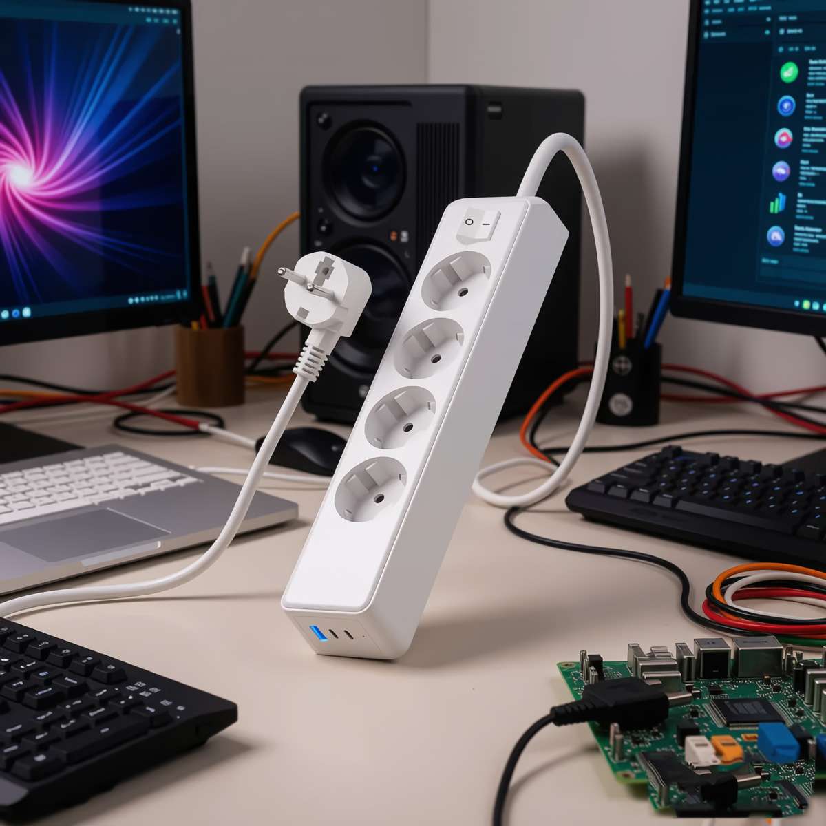Regleta Almalux® 4 Enchufes Schuko con 3 USB (1 USB-A + 2 USB-C), Cable 1,5m, 3680W 16A, Protección 1050J, Salida 5V 2.4A PC VDE