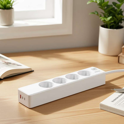 Regleta Almalux® 4 Enchufes Schuko con 3 USB (1 USB-A + 2 USB-C), Cable 1,5m, 3680W 16A, Protección 1050J, Salida 5V 2.4A PC VDE