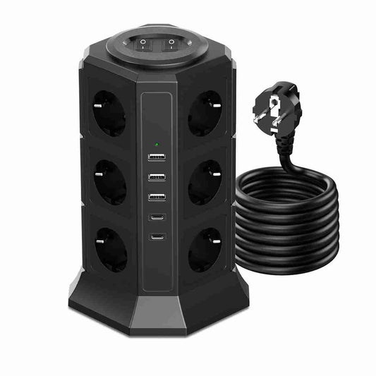 Regleta Almalux® de Enchufes Vertical con 2 Interruptores y 12 Schuko -  2 USB C y 3 USB A -  4000W/16A -  con Cable de 2 metros