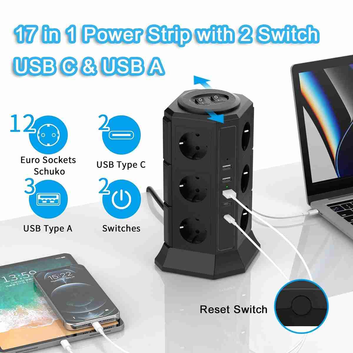 Regleta Almalux® de Enchufes Vertical con 2 Interruptores y 12 Schuko -  2 USB C y 3 USB A -  4000W/16A -  con Cable de 2 metros