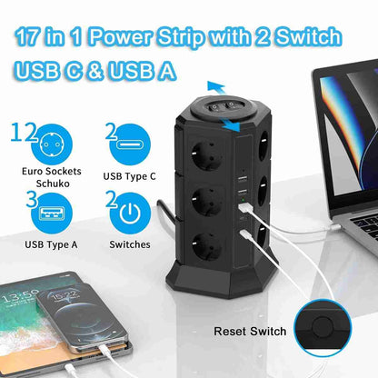 Regleta Almalux® de Enchufes Vertical con 2 Interruptores y 12 Schuko -  2 USB C y 3 USB A -  4000W/16A -  con Cable de 2 metros