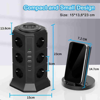 Regleta Almalux® de Enchufes Vertical con 2 Interruptores y 12 Schuko -  2 USB C y 3 USB A -  4000W/16A -  con Cable de 2 metros