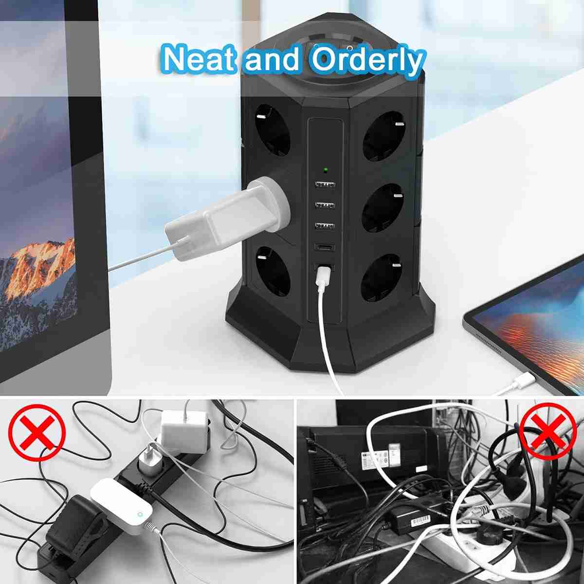 Regleta Almalux® de Enchufes Vertical con 2 Interruptores y 12 Schuko -  2 USB C y 3 USB A -  4000W/16A -  con Cable de 2 metros