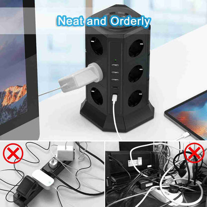 Regleta Almalux® de Enchufes Vertical con 2 Interruptores y 12 Schuko -  2 USB C y 3 USB A -  4000W/16A -  con Cable de 2 metros