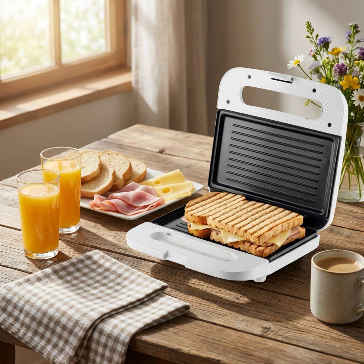 Sandwichera Grill Almalux® 750W Antiadherente con Indicador Luminoso de Temperatura y Base Antideslizante Compacta