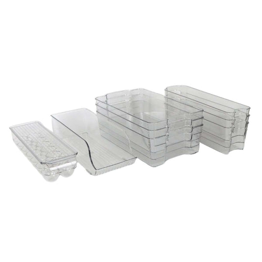 Set de Organizadores Almalux® – 8 Piezas de Plástico Transparente | Para Nevera, Cocina, Baño y Hogar | Apilables y Libre de BPA