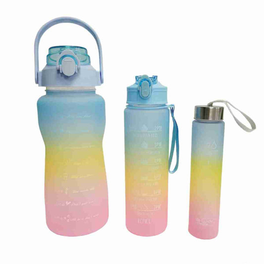 Set de 3 Botellas Almalux® Arco Iris (2L -  900ml y 300ml) Deportivas a prueba de fugas con soporte para teléfono -  sin BPA -  Motivacionales -  portátiles para camping -  bicicleta -  escuela -  coche