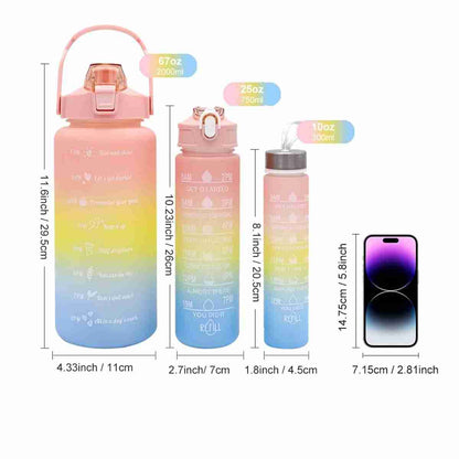 Set de 3 Botellas Almalux® Arco Iris (2L -  900ml y 300ml) Deportivas a prueba de fugas con soporte para teléfono -  sin BPA -  Motivacionales -  portátiles para camping -  bicicleta -  escuela -  coche